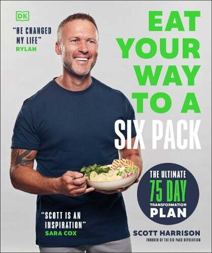 This is the book cover for 'Eat Your Way to a Six Pack' by Scott Harrison