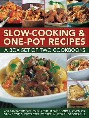 This is the book cover for 'Slow-cooking & One-pot Recipes: a Box Set of Two Cookbooks' by Catherine & Fleetwood, Jenni Atkinson