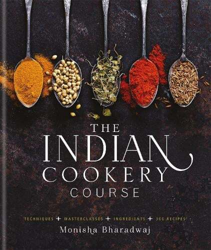 This is the book cover for 'Indian Cookery Course' by Monisha Bharadwaj