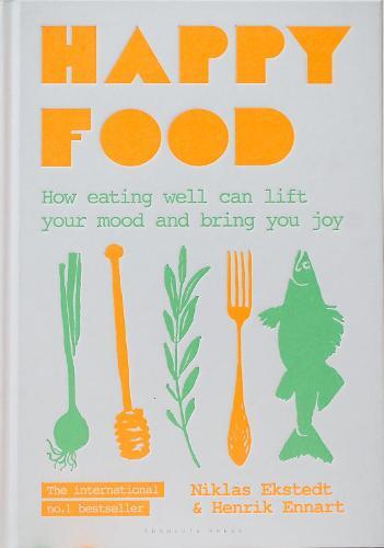 This is the book cover for 'Happy Food' by Niklas Ekstedt