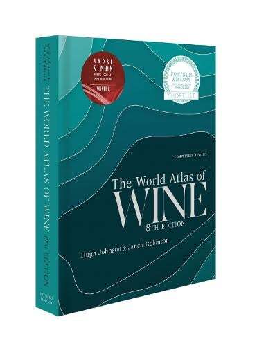 This is the book cover for 'World Atlas of Wine 8th Edition' by Hugh Johnson