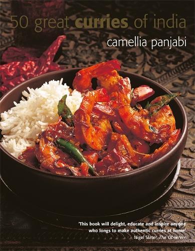 This is the book cover for '50 Great Curries of India' by Camellia Panjabi